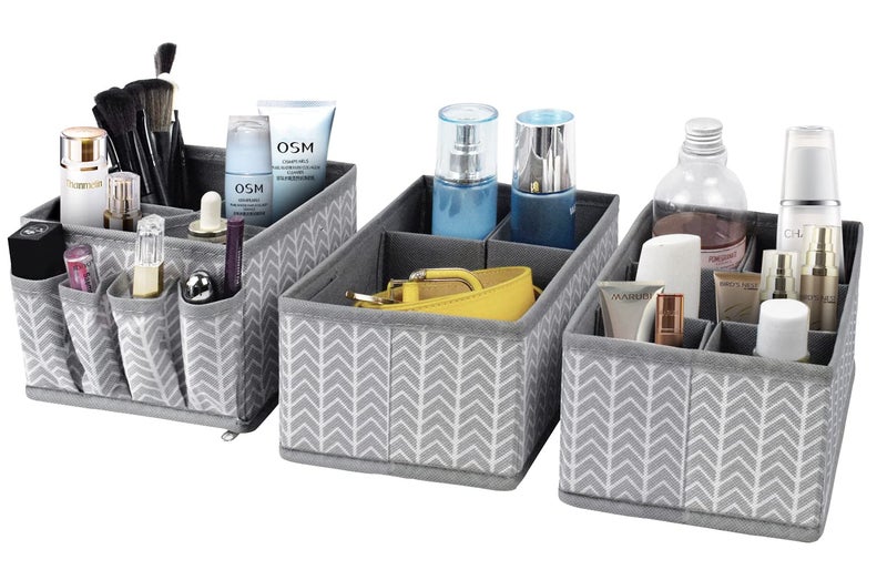 VERONLY Cosmetic Storage Bins Makeup Organizer, Adjustable Multifunction Storage Box Desk Drawer Divider for Makeup Brushes, Bathroom Countertop or Dresser, Set of 3 (Grey) - Image 1